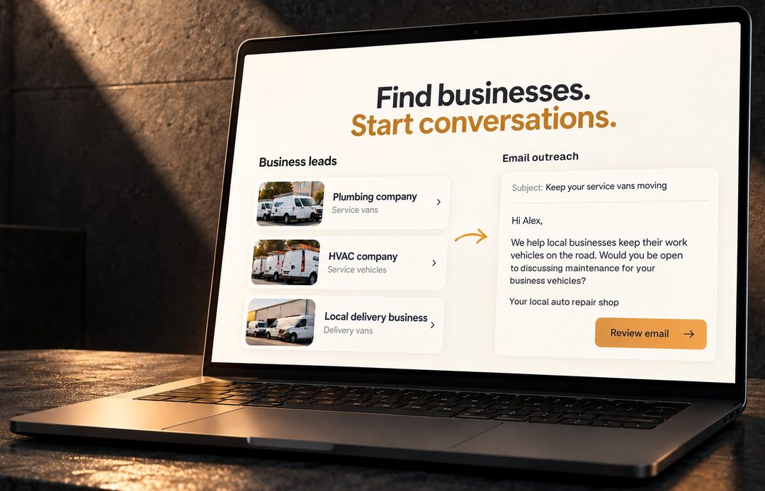 A laptop showing a sample list of business leads and a sample outreach email.