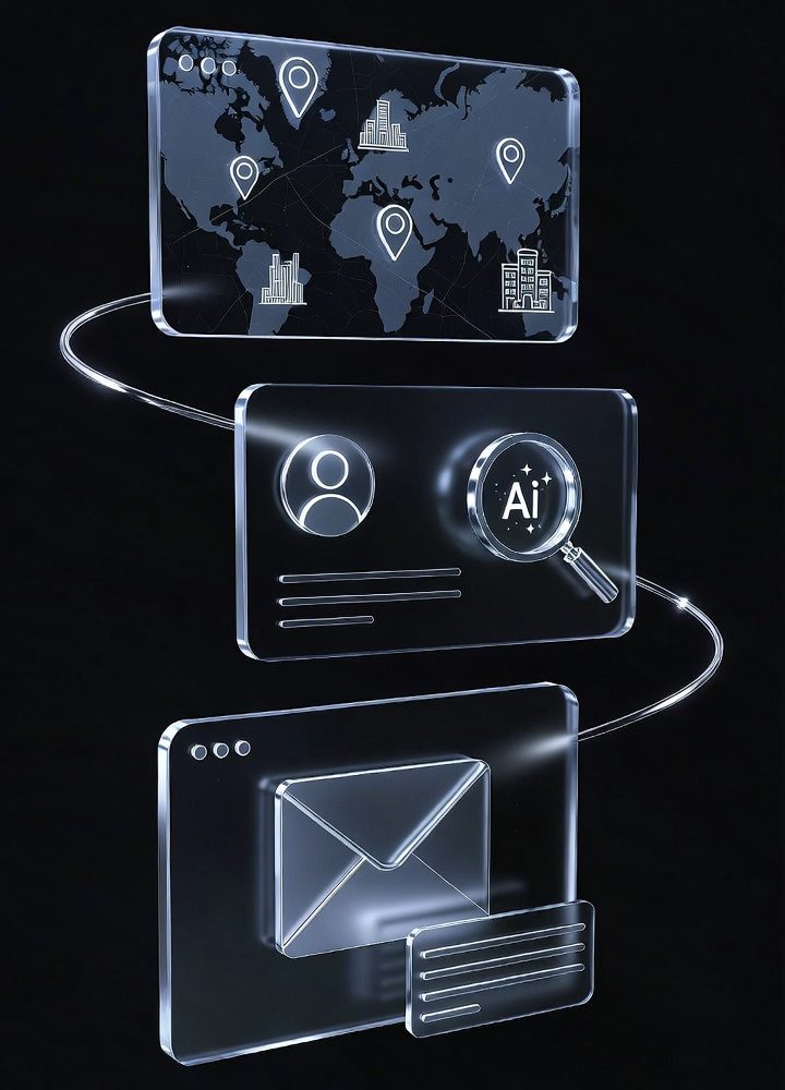 Illustration: businesses marked on a map, a business profile, and an outreach email.